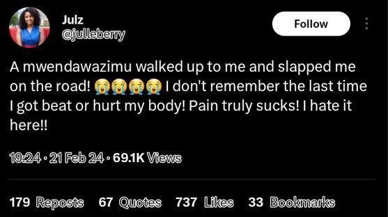 Julz julleberry follow a mwendawazimu walked up to me and slapped me on the road