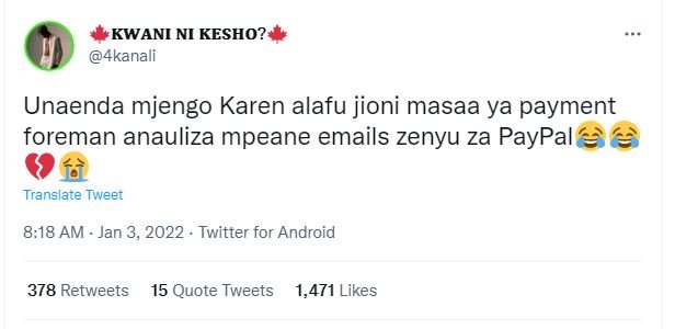 KWANI NI KESHO? 4kanali Unaenda mjengo Karen alafu jioni masaa ya payment forema