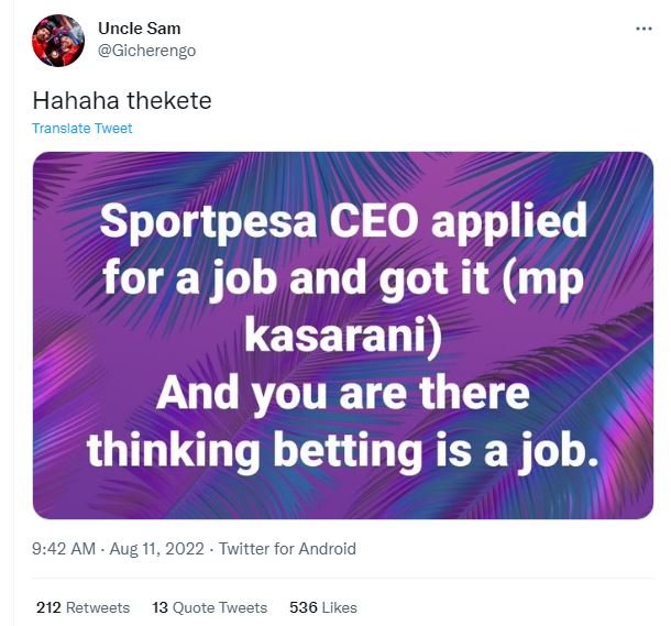 Uncle sam gicherengo hahaha thekete translate tweet sportpesa ceo applied for a
