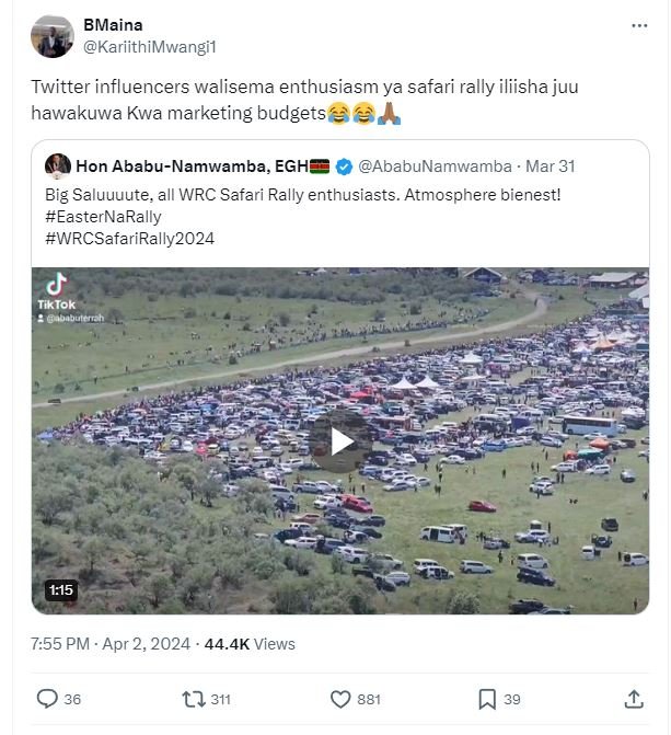 Bmaina kariithimwangil twitter influencers walisema enthusiasm ya safari rally i