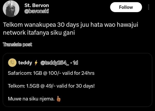 St. bervon bavonski follow telkom wanakupea 30 days juu hata wao hawajui network