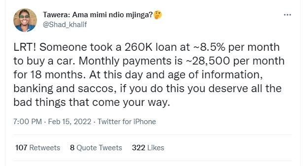 Tawera Ama mimi ndio mjinga? Shad_khalif LRT! Someone took a 26OK loan at 8.5 pe