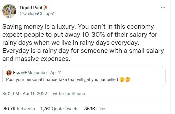 Liquid papi chilopachilopal saving money is a luxury. you can't in this economy