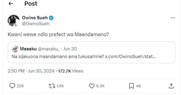 Post owino sueh owinosueh kwani wewe ndio prefect wa maandamano? masaku masa ku