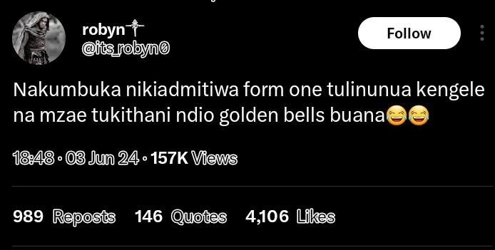 Robyn fts_rolync follow nakumbuka nikiadmitiwa form one tulinunua kengele na mza