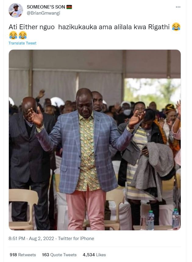 Someone's son briangmwangi ati either nguo hazikukauka ama alilala kwa rigathi t