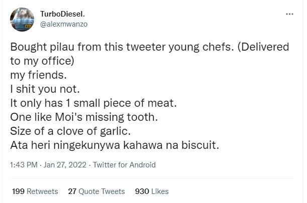 TurboDiesel. alexmwanzo Bought pilau from this tweeter young chefs. Delivered to