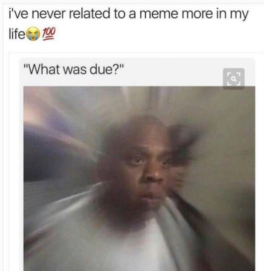 I've never related to a meme more in my life 100 what was due?