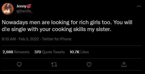 Jenny jhenifa_ Nowadays men are looking for rich girls too. You will dle single