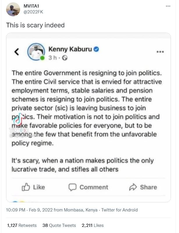 MVITAI 2O22FK This is scary indeed Kenny Kaburu 3h.O The entire Government is re