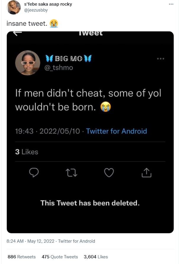 S'febe saka asap rocky jeezusbby insane tweet. weel bg mo _tshmo if men didn't c