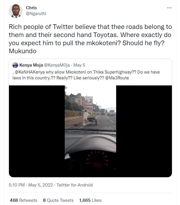 Chris ngaruthi rich people of twitter believe that thee roads belong to them and