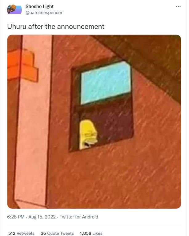 Shosho light carolinespencer uhuru after the announcement 6.28 pm aug 15, twitte