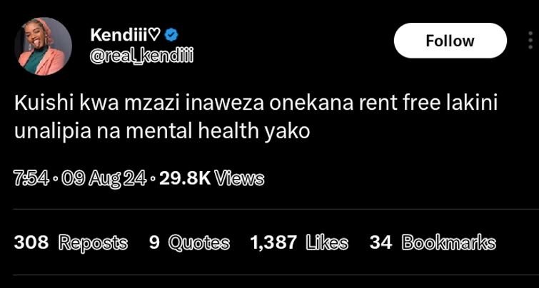 Kendiiiv real_kenduo follow kuishi kwa mzazi inaweza onekana rent free lakini un