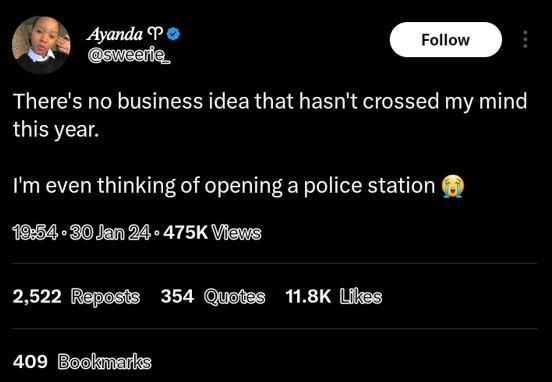 Ayanda swearfe follow there's no business idea that hasn't crossed my mind this