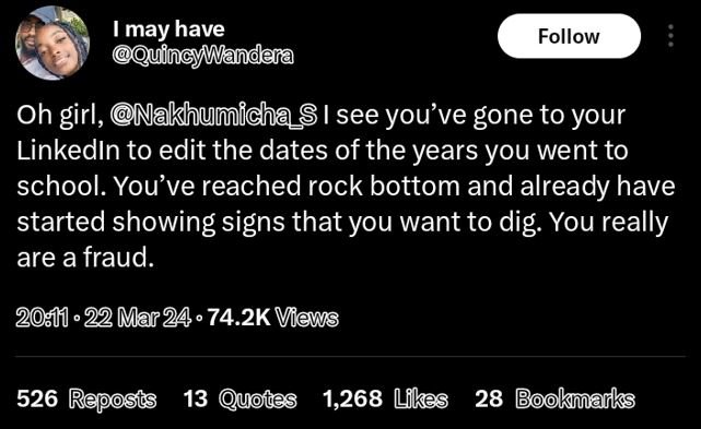 Imay have quincymandera follow oh girl, nakhumicha s i see you've gone to your l