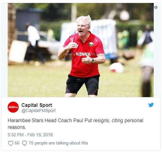 Keny capital sport capitalfmsport harambee stars head coach paul put resigns , c