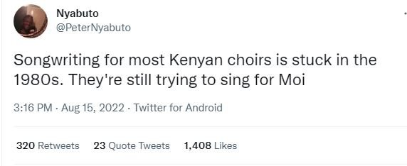 Nyabuto peternyabuto songwriting for most kenyan choirs is stuck in the 198os. t