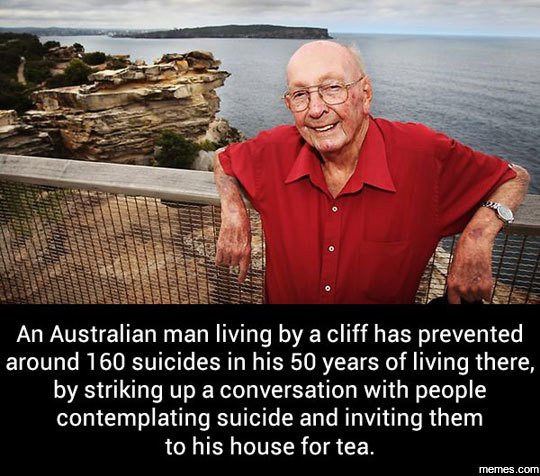 An australian man living by a cliff has prevented around 160 suicides in his 50