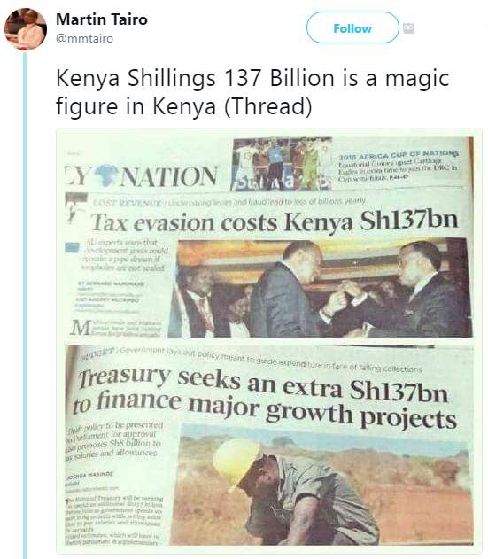 Martin tairo mmtairo follow kenya shillings 137 billion is a magic figure in ken