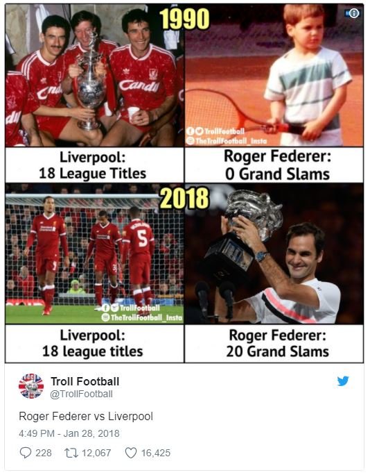 Candi 0otrollfoct vootle liverpool roger federer 18 league titles 0 grand slams