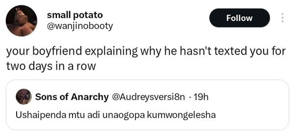 Small potato wanjinobooty follow your boyfriend explaining why he hasn't texted