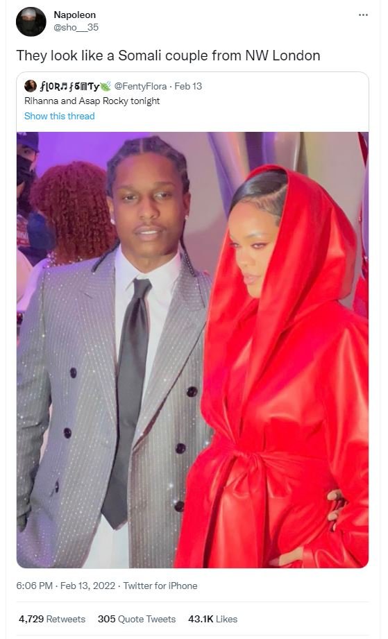 Napoleon sho They look like a Somali couple from NW London flOR F 6llTy FentyFlo