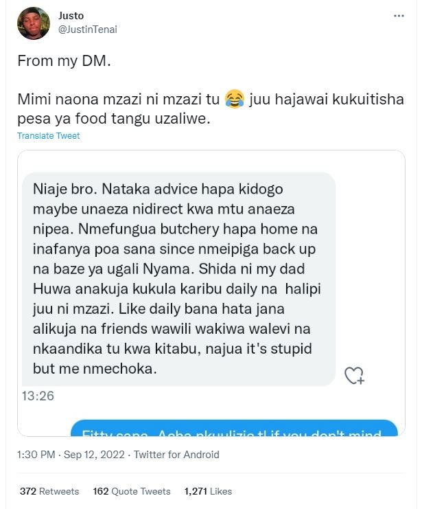 Justo justintenai from my dm mimi naona mzazi ni mzazi tu pesa ya food tangu uza