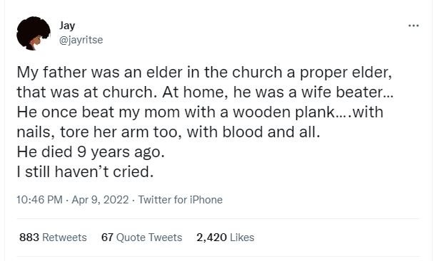 Jay jayritse my father was an elder in the church a proper elder, that was at ch