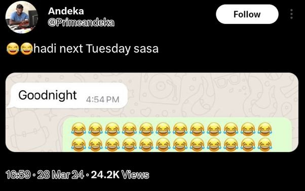 Andeka primeandeka follow hadi next tuesday sasa goodnight 454 pm 1659 28 mar24