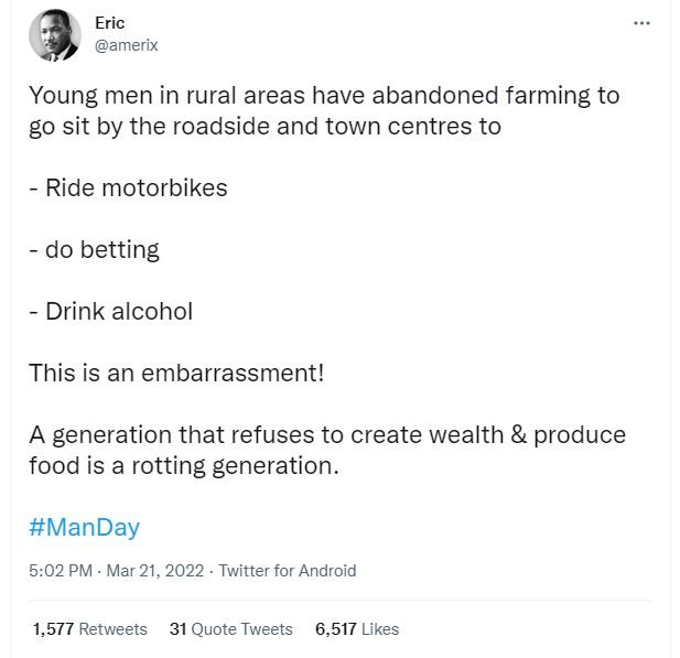 Eric amerix young men in rural areas have abandoned farming to g0 sit by the roa