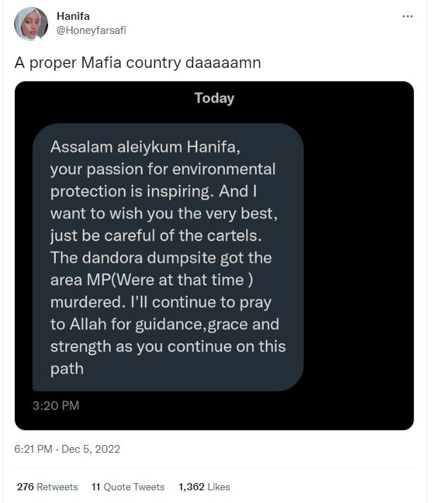 Hanifa honeyfarsafi a proper mafia country daaaaamn assalam aleiykum hanifa, you