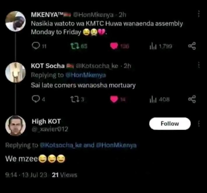 Mkenyaw honmkanya 2h nasikia watoto va kmic huwa wanaenda assembly monday t0 fri