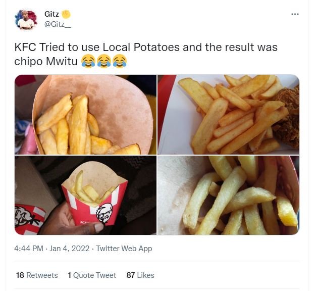 Gitz Gitz_ KFC Tried to use Local Potatoes and the result was chipo Mwitu 4,44 P
