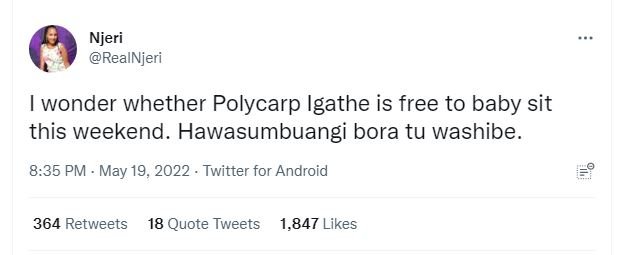 Njeri realnjeri wonder whether polycarp igathe is free to baby sit this weekend.