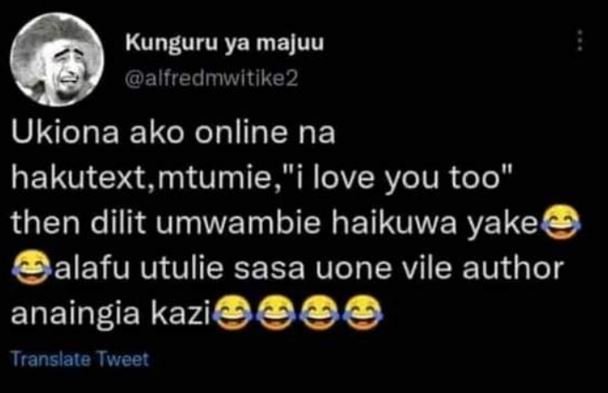 Kunguru ya majuu alfredmwitike2 ukiona ako online na hakutext,mtumie ' love you