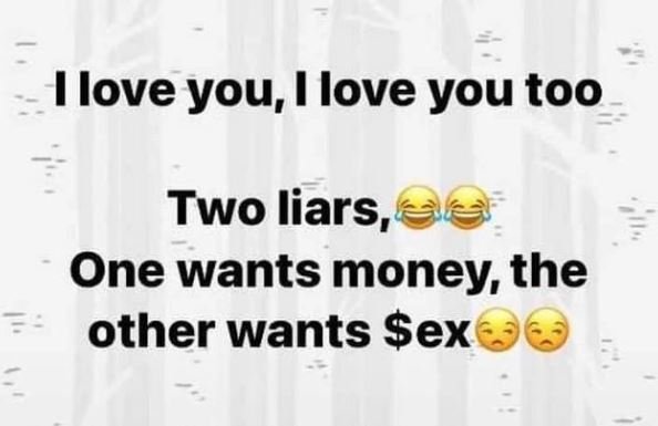 Ilove you, I love you too Two liars, One wants money the other wants Sex