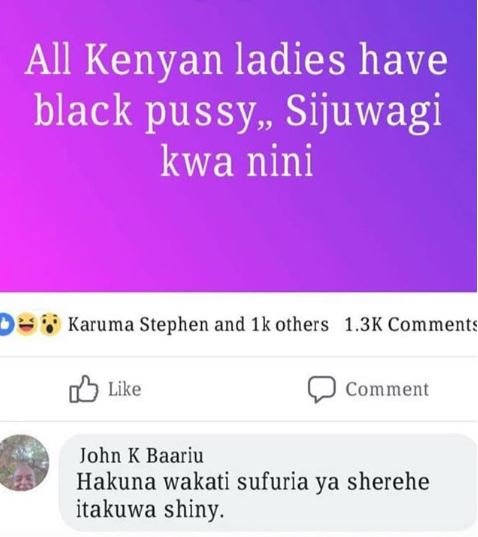 All kenyan ladies have black pussy sijuwagi kwa nini 0 karuma stephen and 1k oth