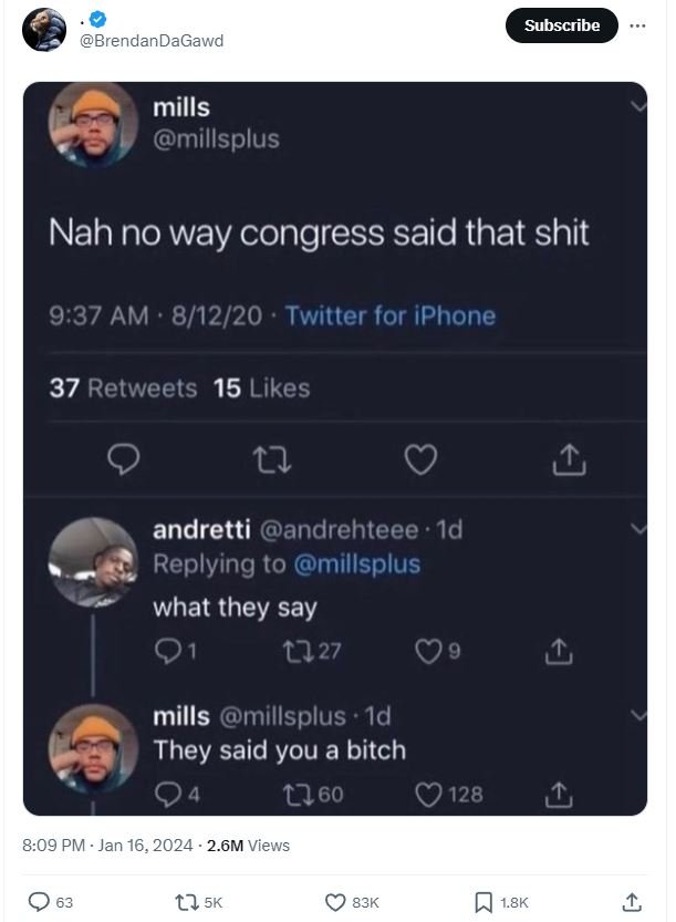 Subscribe brendandagawd mills millsplus nah no way congress said that shit 9.37