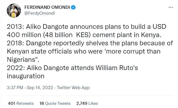 Ferdinand omondi ferdyomondi aliko dangote announces plans to build a usd 400 mi
