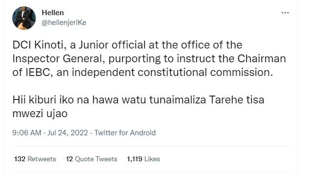 Hellen hellenjerike dci kinoti, a junior official at the office of the inspector