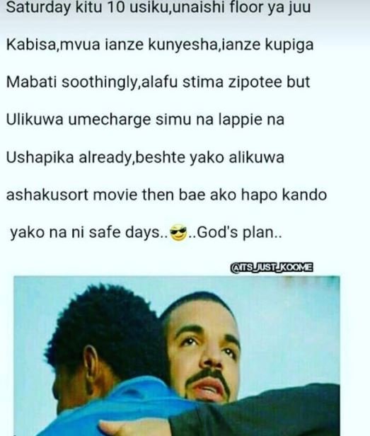 Saturday kitu 10 usiku,unaishi floor ya juu kabisa,mvua ianze kunyesha,ianze kup