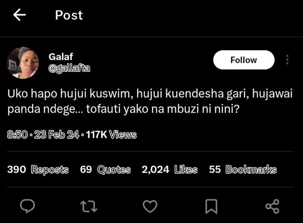 Post galaf gallafta follow uko hapo hujui kuswim, hujui kuendesha gari, hujawai