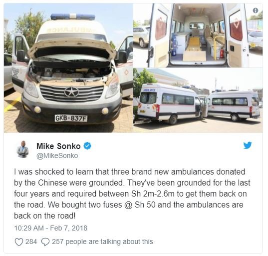 Gkb b3z6 mike sonko mikesonko was shocked to learn that three brand new ambulanc