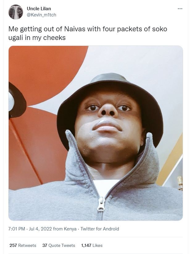 Uncle lilan kevin_mltch me getting out of naivas with four packets of soko ugali