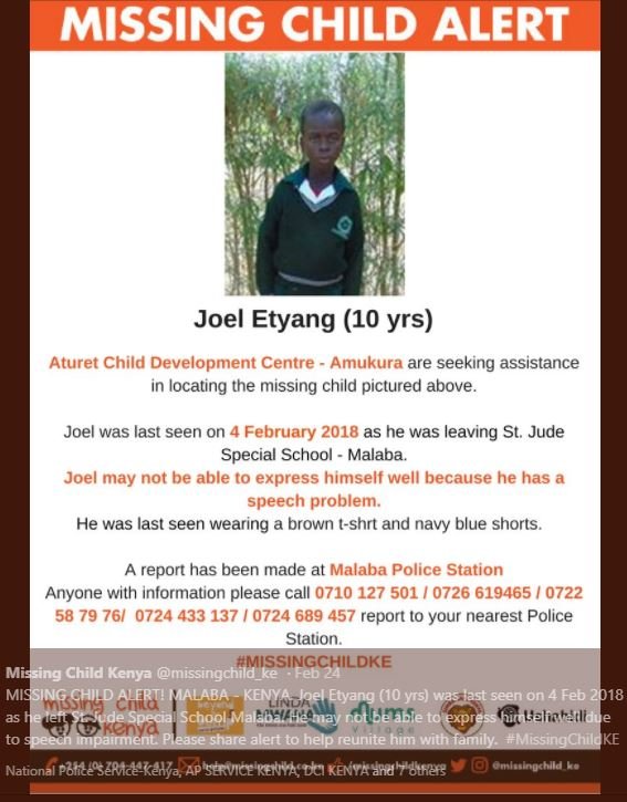 Missing child alert joel etyang 10 yrs aturet child development centre amukura a