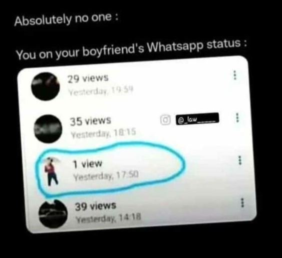 Absolutely no one boyfriend's whatsapp status you on your 29 views 35 views yest