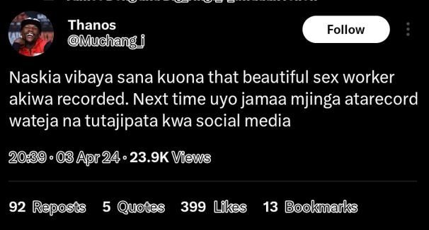 Thanos muchang follow naskia vibaya sana kuona that beautiful sex worker akiwa r