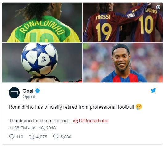 Diko 10 messı 19 sonaloine goal goa ronaldinho has officially retired from profe
