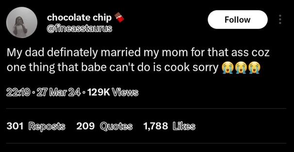 Chocolate chip fineasstaunus follow my dad definately married my mom for that as